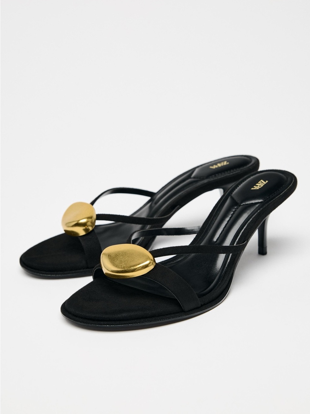 Zara Black Heeled Slide Sandals with Gold Oval Accent